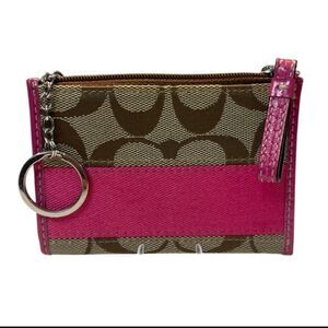 Coach-Pink & Khaki -Big C-Zip top- Coin & Card Holder/Keychain (Rare)